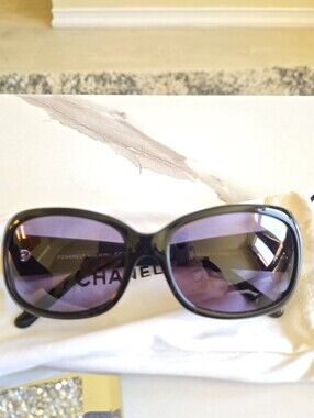 CHANEL Black Oversized Sunglasses with Crystal Logo Accents